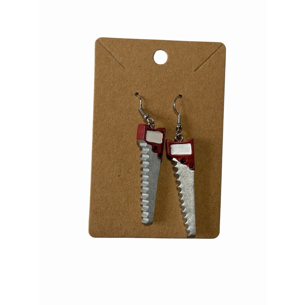 Red Hand Saw Novelty Drop Earrings Silver Tone Tool Jewelry Horror DIY Aesthetic